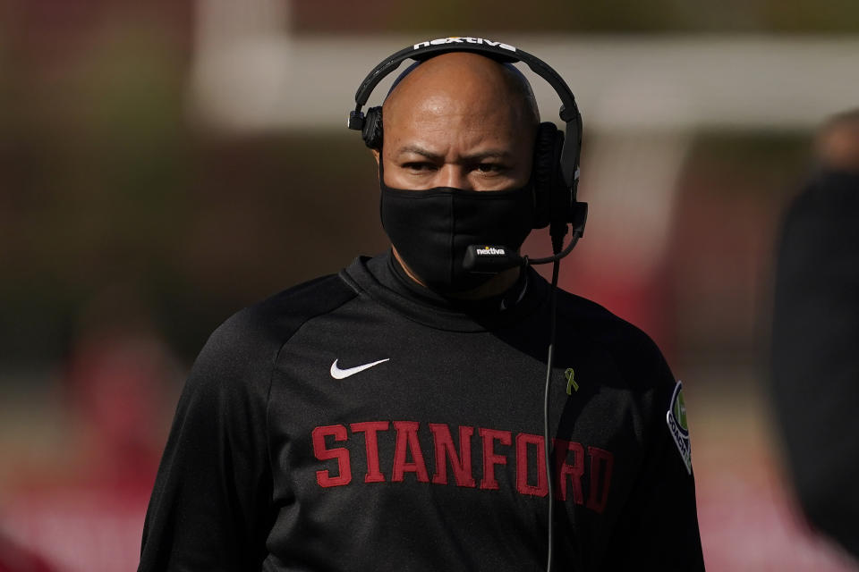 Stanford head coach David Shaw walks on the sideline during the first half of an NCAA college football game against Colorado in Stanford, Calif., Saturday, Nov. 14, 2020. (AP Photo/Jeff Chiu)