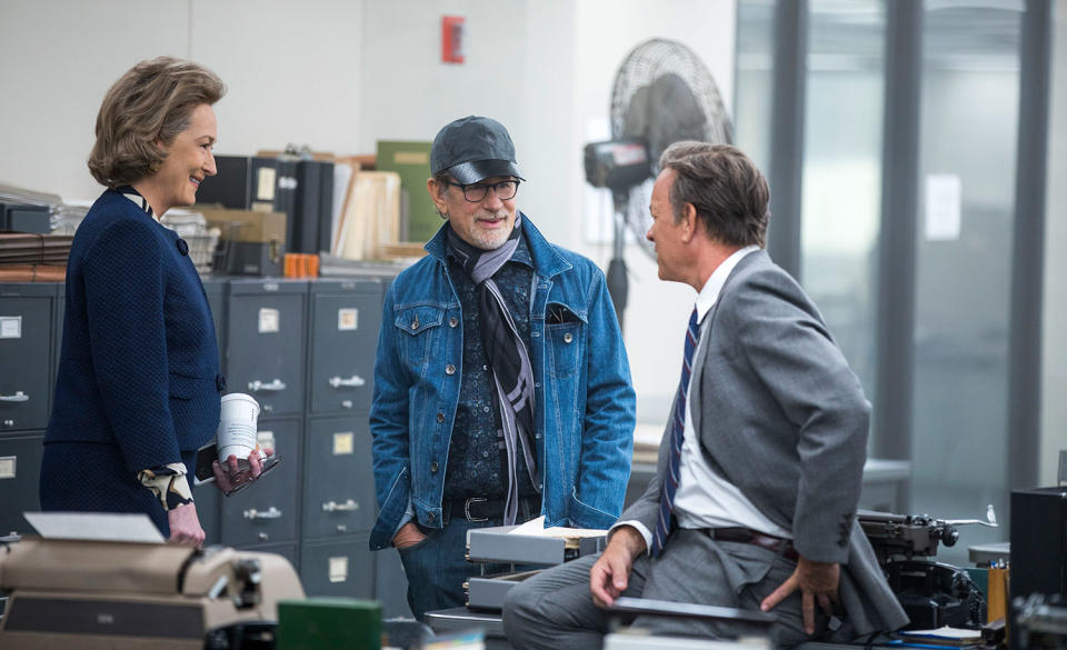 Meryl Streep, Steven Spielberg, and Tom Hanks on the set of ‘The Post’ (eOne)