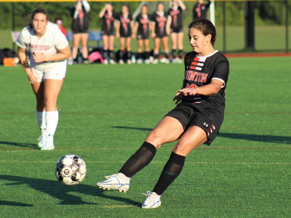 Taunton's Kaylee Lopes takes a penalty kick during a non-league game against New Bedford.