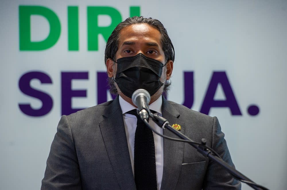 Minister of Science, Technology, and Innovation Khairy Jamaluddin speaks at a press conference in Putrajaya March 15, 2021. — Picture by Shafwan Zaidon