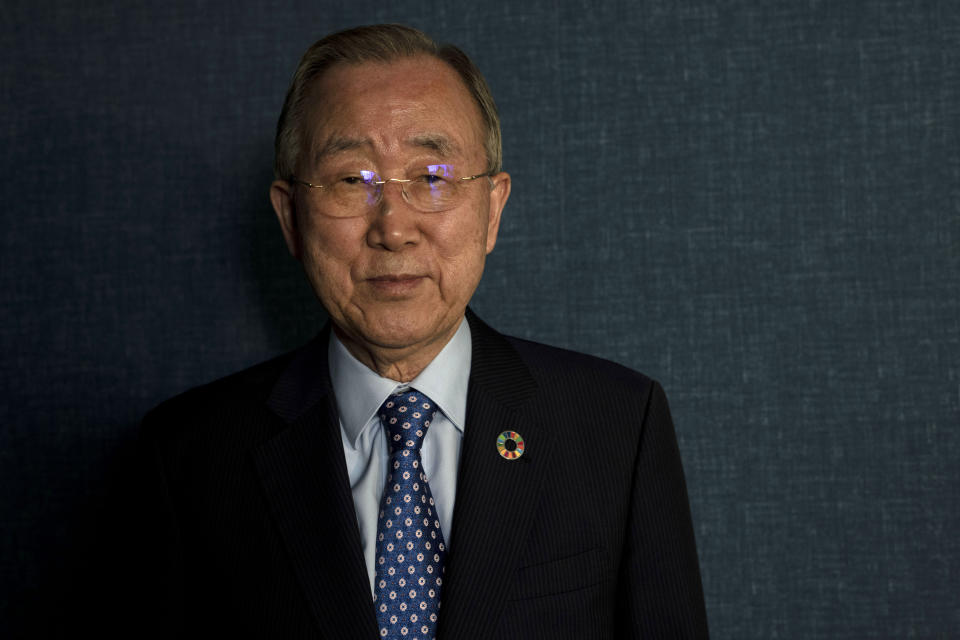 Ban Ki-moon, former UN Secretary-General, poses for a portrait in Tel Aviv, Israel, Thursday, June 22, 2023. Israel is inching toward apartheid and drifting further away from the hopes of creating a Palestinian state alongside it, Ban told The Associated Press Thursday on a visit to the region. (AP Photo/Maya Alleruzzo)