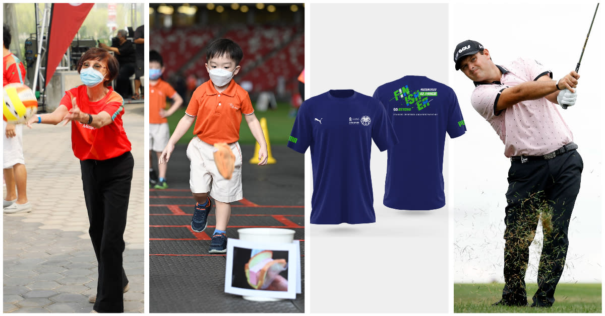 (From left) Seniors' Sports Day, Singapore Nurture Kids Festival, race apparel for SCSM and former US Masters winner Patrick Reed. (PHOTOS: SportSG, SCSM, International Series Singapore)