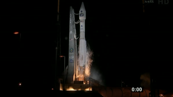 NASA's TDRS-K communications satellite launches on the night of Jan. 30, 2013 in this screenshot from NASA TV.