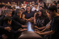 <p>Friends and relatives say their last goodbyes during the funeral mass of slain journalist Javier Valdez, in Culiacan Mexico, Tuesday, May 16 2017. (AP Photo/Rashide Frias) </p>