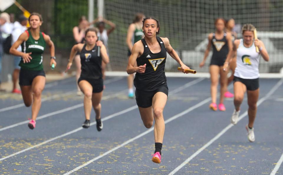Tatnall's Arianna Montgomery anchors her team to a win in the 4x100 meter race during the New Castle County Track and Field Championships at Abessinio Stadium, Saturday, May 13, 2023. Montgomery earlier won the 100 meter hurdles.