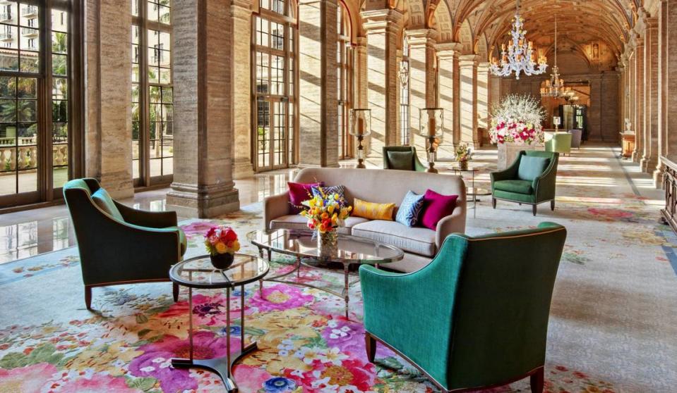 The opulent lobby of The Breakers in Palm Beach greets guests with lush floral displays.