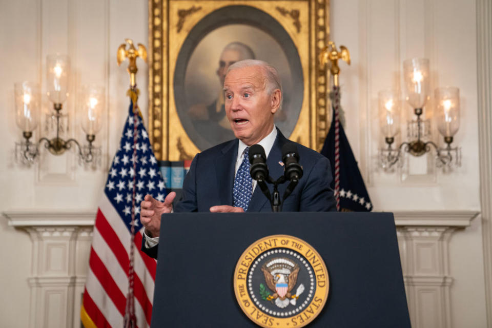 President Joe Biden delivers remarks responding to Special Counsel Robert Hur’s report in the Diplomatic Reception Room of the White House on February 8, 2024, in Washington, D.C. (Photo by Nathan Howard/Getty Images)