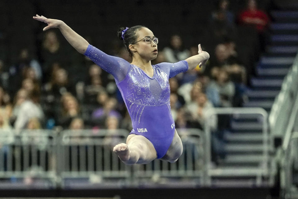 FILE - In this March 7, 2020, file photo, Morgan Hurd, of the United States, performs on the floor during the America Cup gymnastics competition in Milwaukee. Hurd, the 2017 world champion, will take the competition floor for the first time in more than a year on Saturday at the US Classic in Indianapolis. (AP Photo/Morry Gash, File)