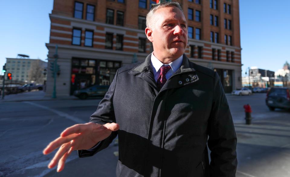 Attorney General Candidate Adam Jarchow discusses his plans if elected Thursday, Jan 20, 2022, at the intersection of North Water Street and East Buffalo.