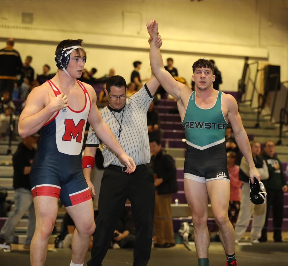 Ian Sutherland from Brewster defeated Thomas Bennett from MacArthur in the 190 pound weight class, during the 2024 Murphy-Guccione Shoreline Wrestling Classic at New Rochelle High School, Jan. 6, 2024.