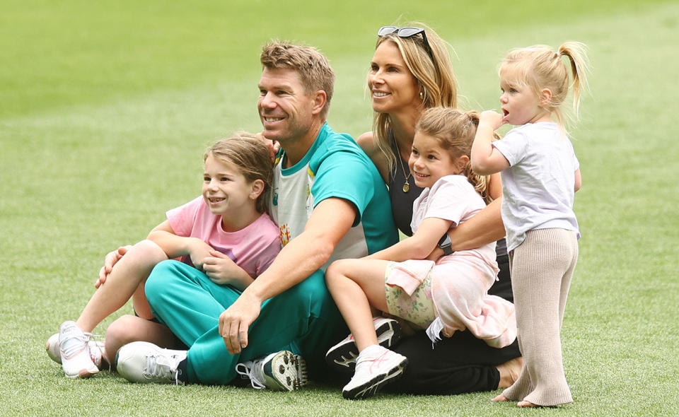 David Warner, pictured here with wife Candice and their daughters in 2021.