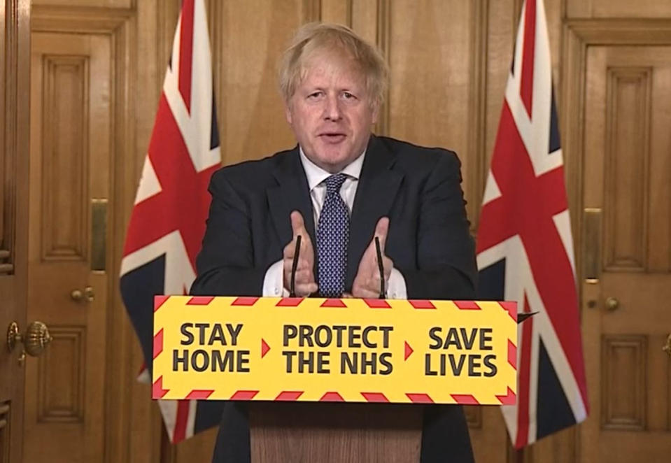 Screen grab of Prime Minister Boris Johnson during a media briefing in Downing Street, London, on coronavirus (COVID-19). (Photo by PA Video/PA Images via Getty Images)