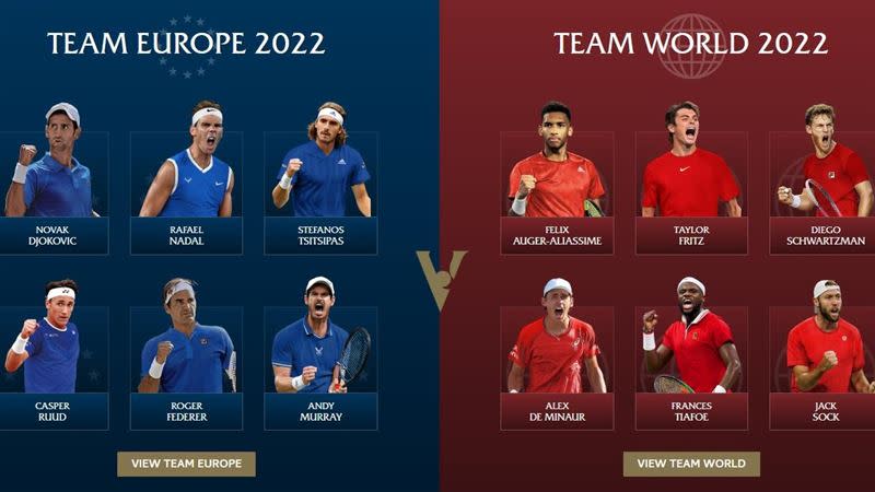 2022年第5屆拉沃盃（Laver Cup）參賽名單。（圖／翻攝自拉沃盃官網）