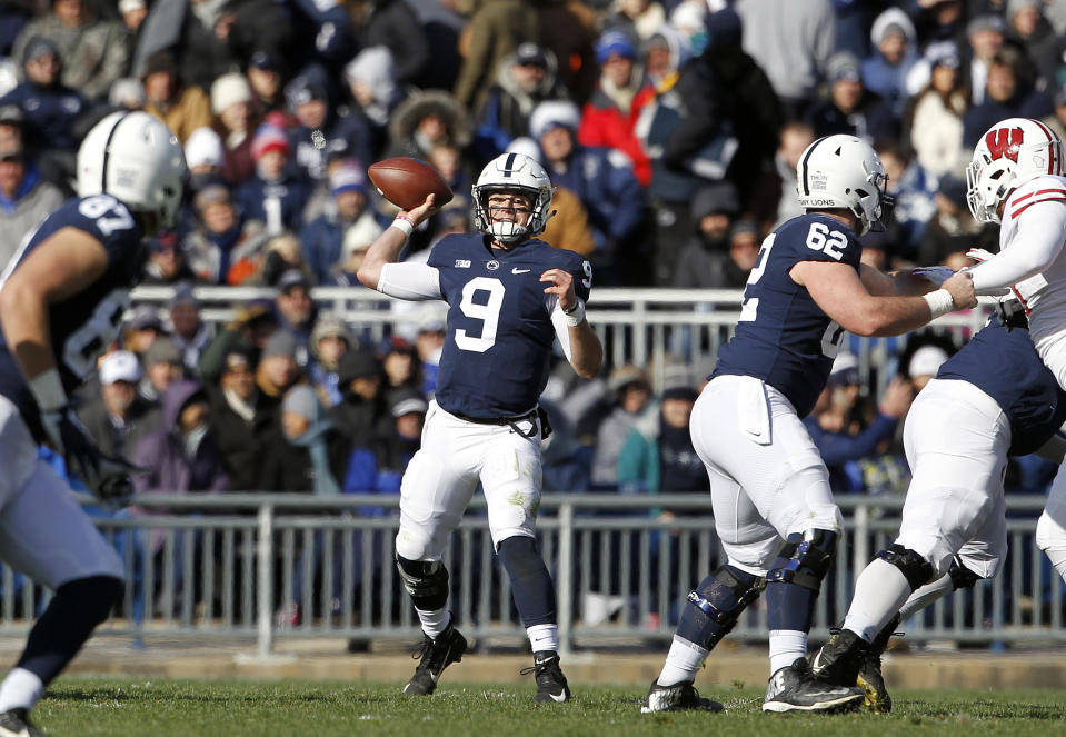 Penn State quarterback Trace McSorley (9) throws a pass against Wisconsin during the first half of an NCAA college football game in State College, Pa., Saturday, Nov. 10, 2018. (AP Photo/Chris Knight)