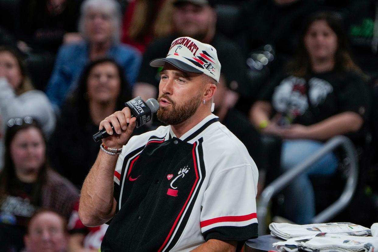 Travis Kelce during his live "New Heights" podcast at the University of Cincinnati in April.