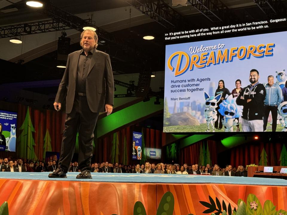 Salesforce Co-Founder and CEO Marc Benioff delivers his keynote address at Dreamforce 2024.