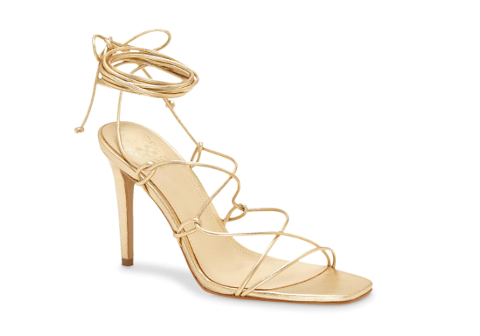 vince, gold sandals, ankle wrap sandals 