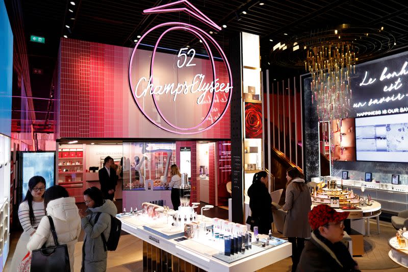 The newly-opened shop of Lancome on the Champs-Elysees avenue in Paris