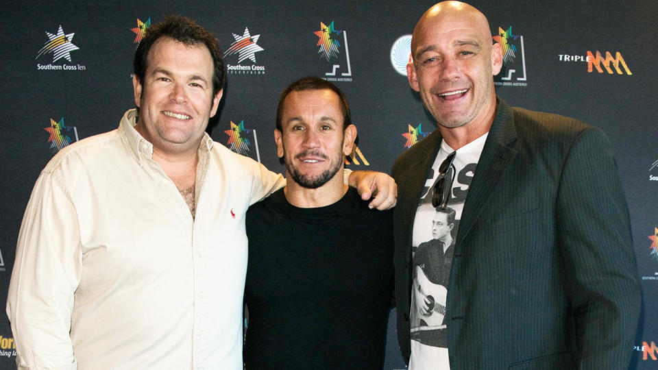 Gus Worland, Matthew Johns and Mark Geyer at the Southern Cross Austereo Launch in 2014. (AAP Image/Southern Cross Austereo, Ashley Mar)