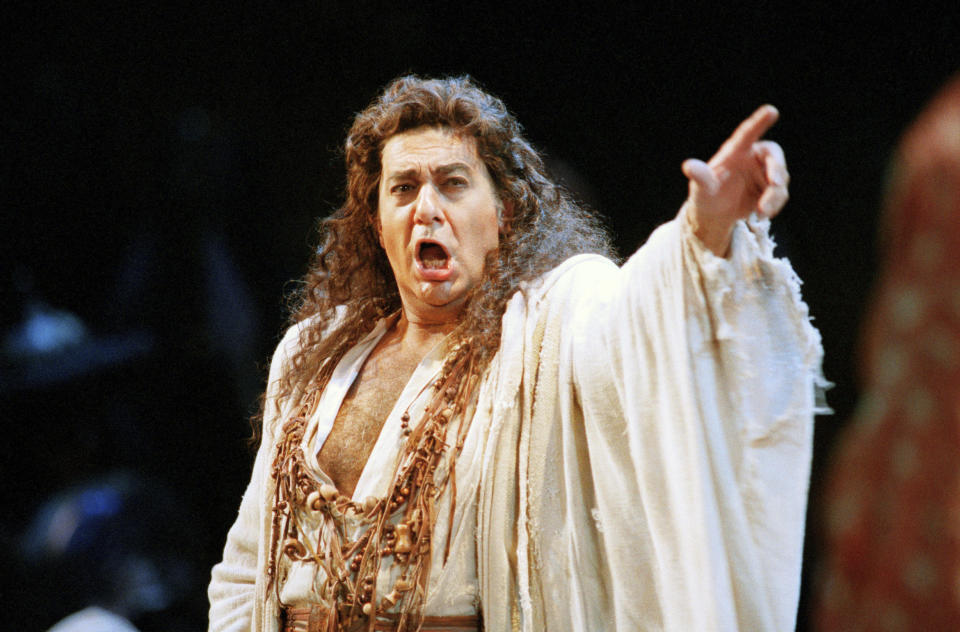 FILE - In this Nov. 5, 1994 file photo, Placido Domingo performs in the San Francisco Opera's production of "Herodiade" in San Francisco. On Tuesday, Aug. 13, 2019, the San Francisco Opera said it is canceling an October concert featuring Domingo after the publication of an Associated Press story that quoted numerous women as saying they were sexually harassed or subjected to inappropriate behavior by the superstar. (AP Photo/Dwayne Newton)