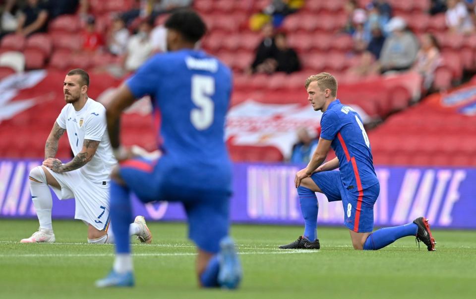 England players take the knee ahead of their Euro 2020 warm-up friendly against Romania - AP