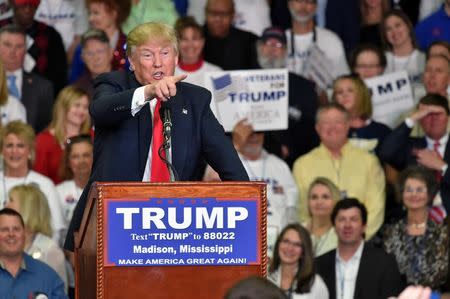 Mar 7, 2016; Madison, MS, USA; Republican presidential hopeful Donald Trump speaks during a campaign rally at the Madison County School District. Mandatory Credit: Justin Sellers/The Clarion-Ledger via USA TODAY NETWORK