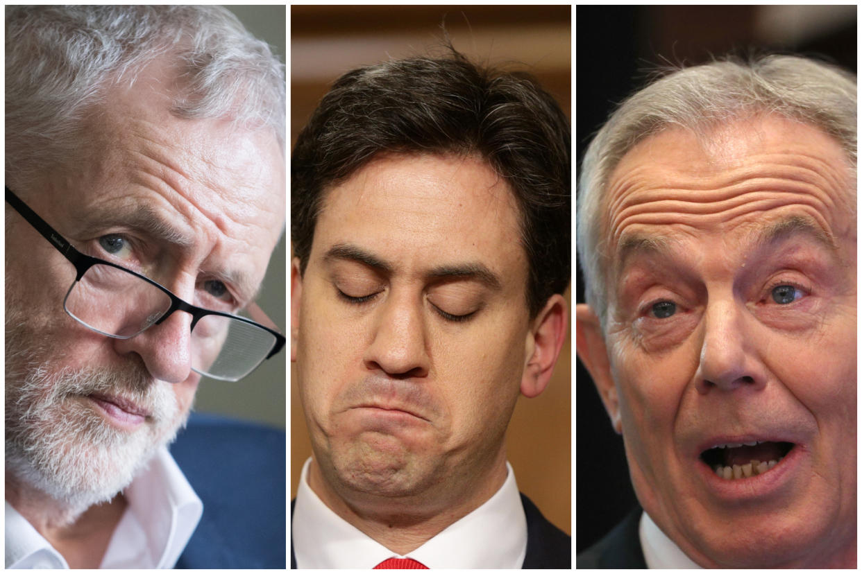 Jeremy Corbyn, Ed Miliband and Tony Blair (PA)