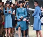 <p>Kate Middleton has worn this cornflower blue Alexander McQueen coat three times. She first sported the topper in April 2014 and again in June of that year, but brought the look back in February 2016. </p>