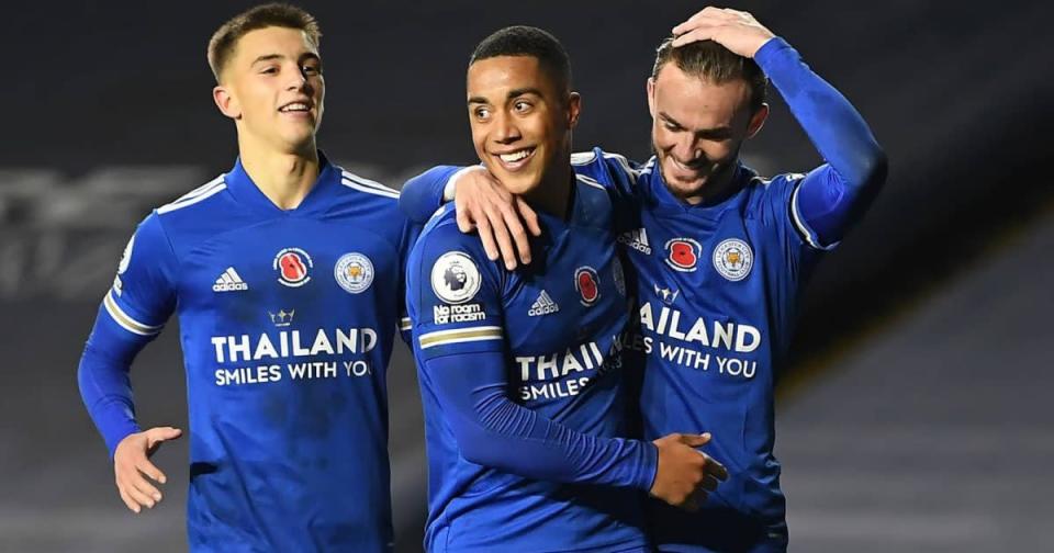 Arsenal target Youri Tielemans, James Maddison and Luke Thomas of Leicester Credit: PA Images