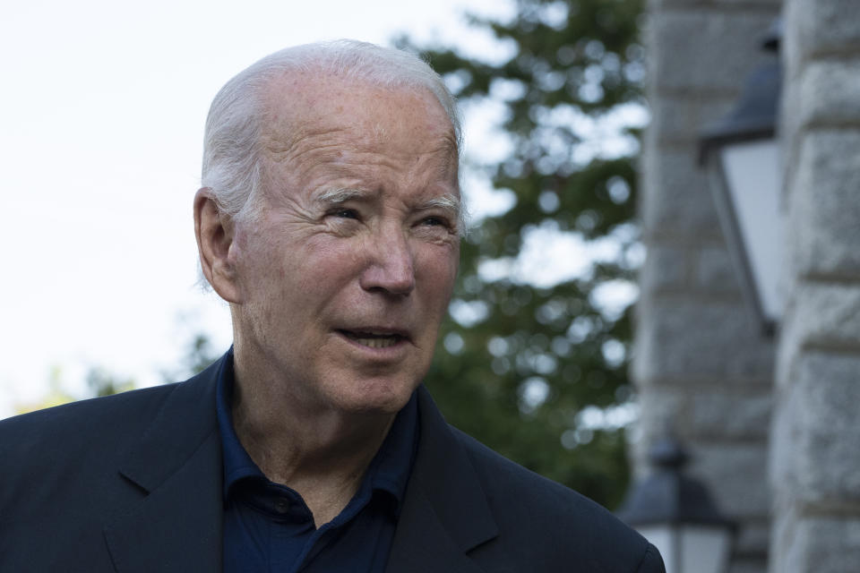 President Joe Biden speaks to members of the media after attending Mass at St. Edmond Roman Catholic Church in Rehoboth Beach, Del., Sunday, Sept. 3, 2023. (AP Photo/Manuel Balce Ceneta)