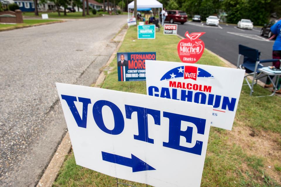 Campaign signs at Beulah Baptist Church in Montgomery, Ala., on Tuesday, May 24, 2022.