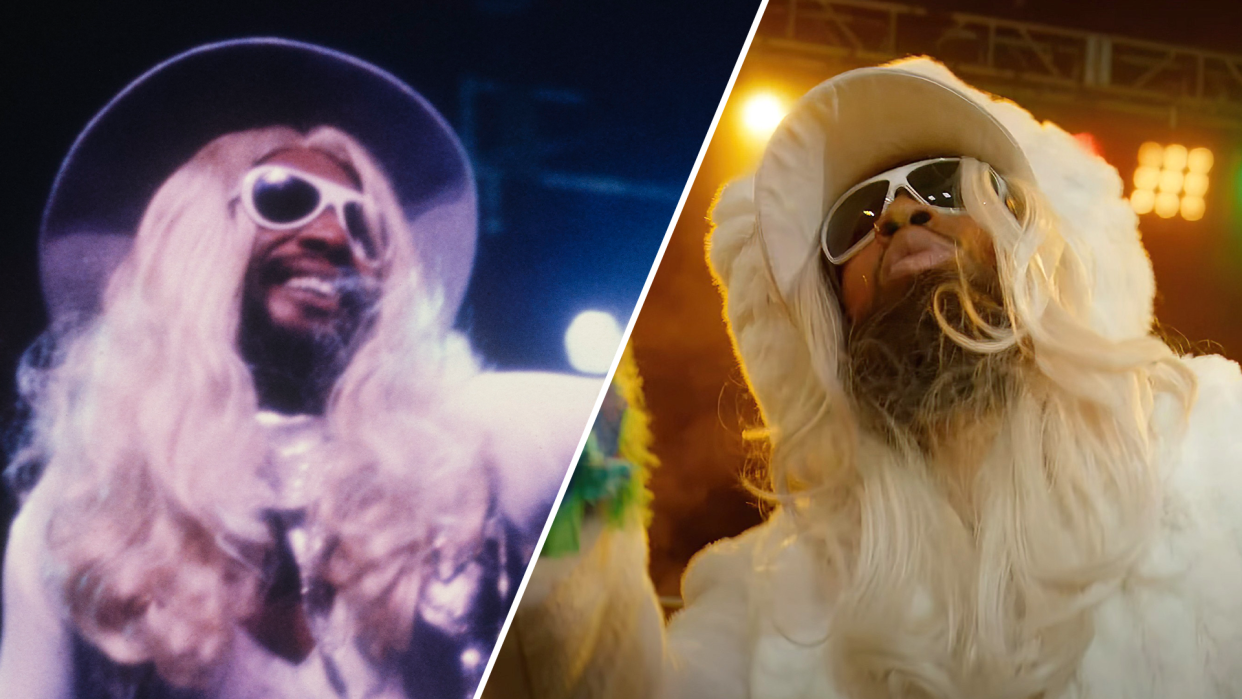 George Clinton in the '70s, Wiz Khalifa as Clinton in the 2023 film 'Spinning Gold.' (Photos: Getty Images/Everett Collection)