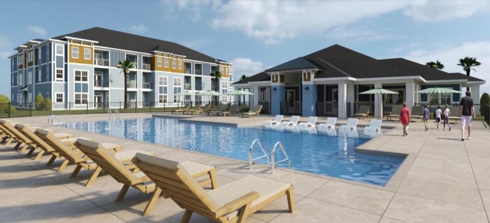 A rendering presented by Lee Kaess, PLLC shows a swimming pool as one of the amenities for an apartment complex proposal from Hawthorne Residential Acquisition, LLC.