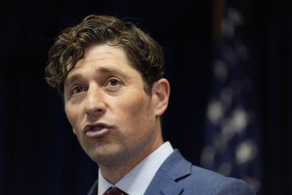 Minneapolis Mayor Jacob Frey speaks, Friday, June 16, 2023, in Minneapolis, about a Department of Justice report that found the Minneapolis Police Department has engaged in a pattern or practice of discrimination. (AP Photo/Abbie Parr)