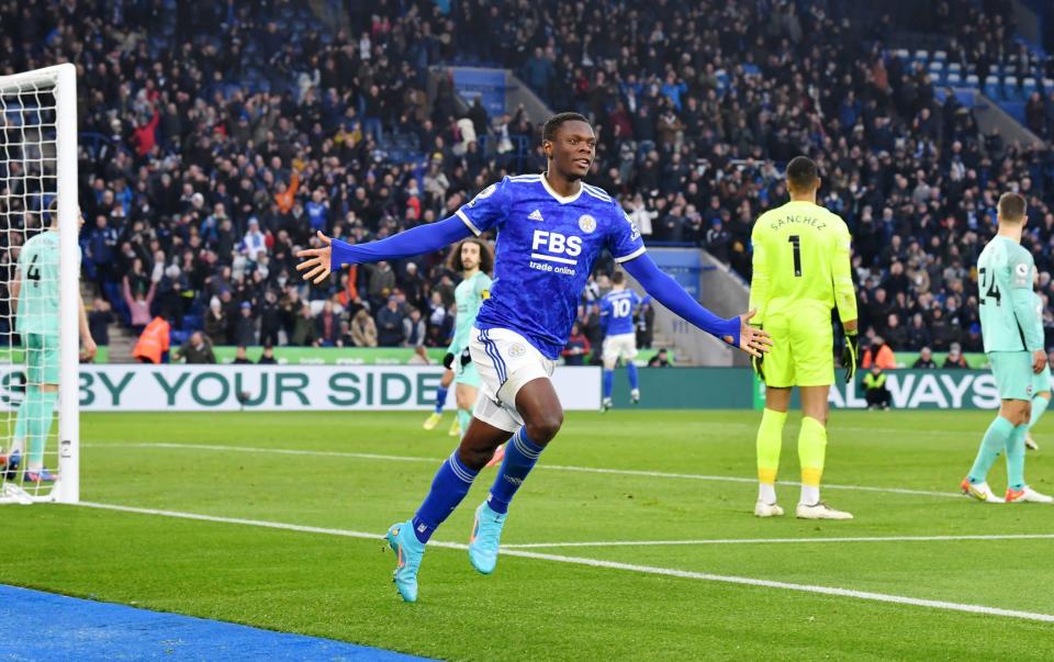  Patson Daka of Leicester City celebrates after scoring to make it 1-0 during the Premier League match between Leicester City and Brighton &amp; Hove Albion at King Power Stadium on January 22, 2022 in Leicester, England - GETTY IMAGES