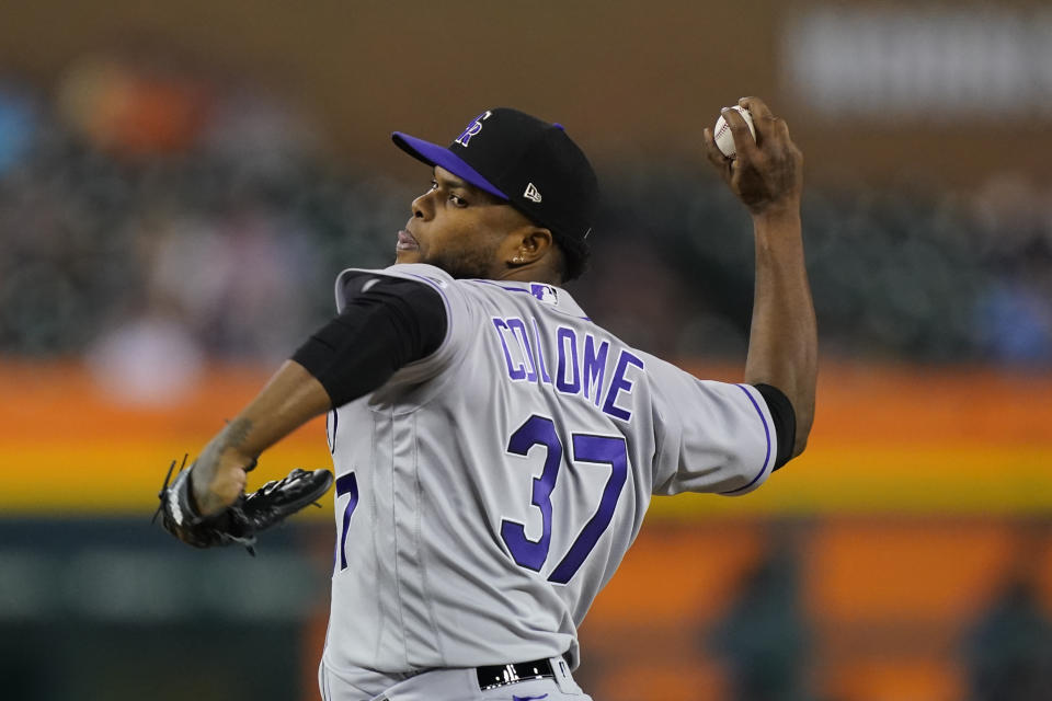 Colorado Rockies relief pitcher Alex Colome throws during the ninth inning of the second baseball game of a doubleheader against the Detroit Tigers, Saturday, April 23, 2022, in Detroit. (AP Photo/Carlos Osorio)