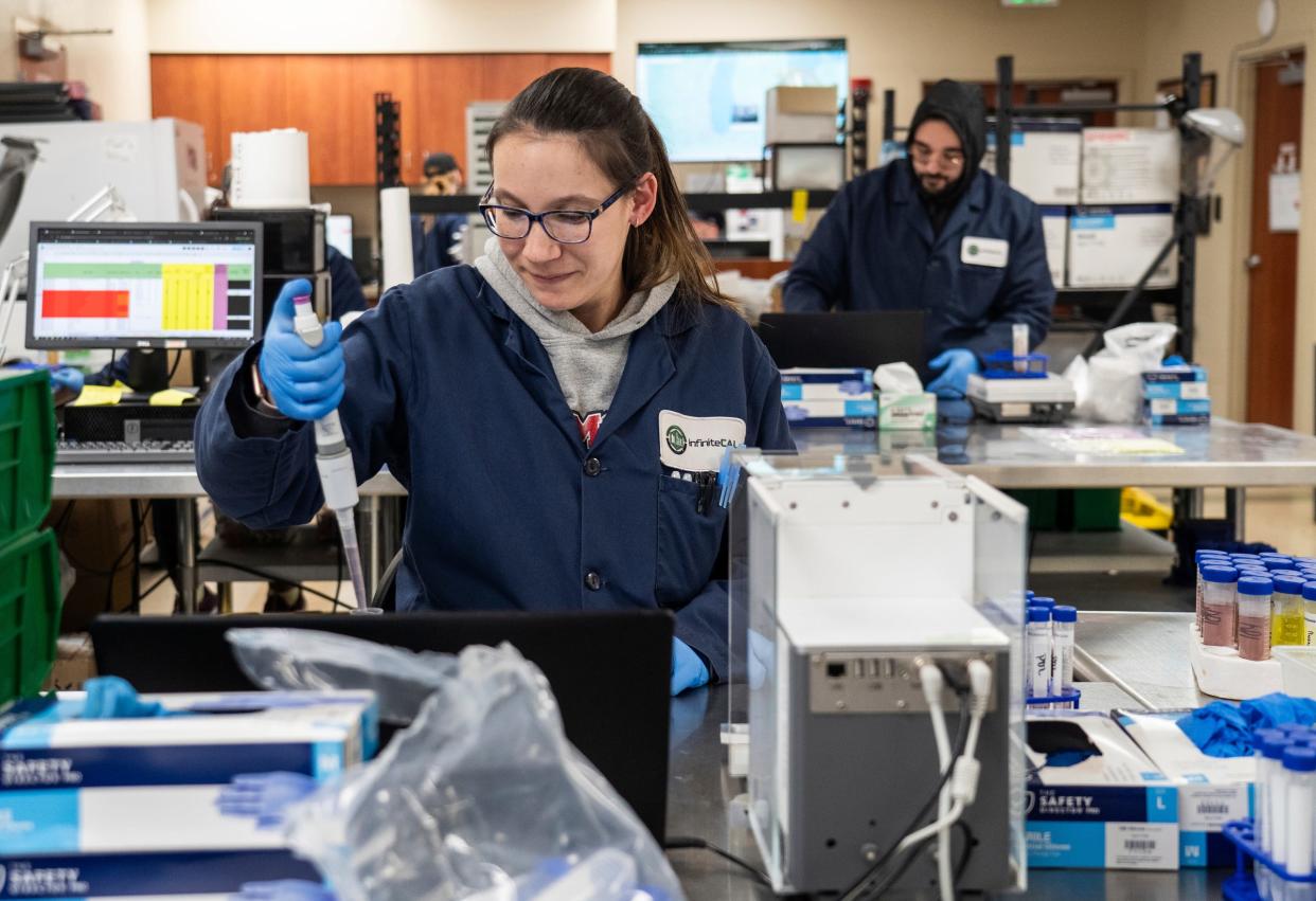 Infinite Chemical Analysis Labs lab tech Taylor Liechty extracts cannabinoids from a syrup of a broken-down THC edible gummy to be tested further at the lab located in Jackson on Wednesday, April 10, 2024.