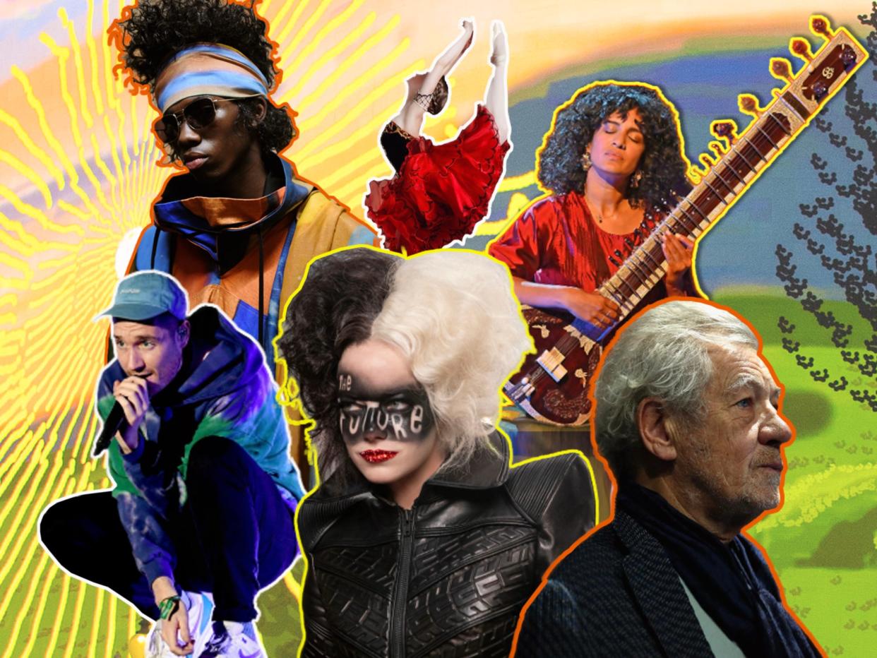 <p>Top left clockwise: Nicholas Daley (Slygo), ballet dancer, Anoushka Shankar, Ian McKellen, Emma Stone as Cruella, and Dan from Bastille (David Hockney art background)</p> (Zoe Lower/iStock/Dee McCourt/Disney/Getty/PA)