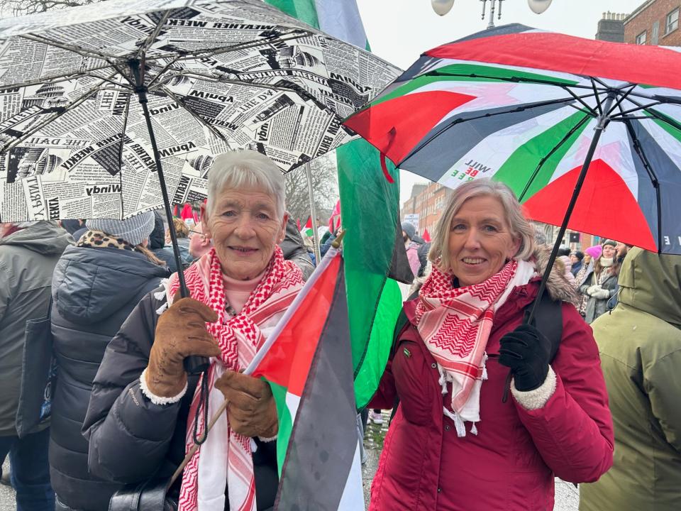 Geraldine Lee and Fiona Sullivan (right) travelled from Belfast to participate in the Dublin rally (Cillian Sherlock/PA)