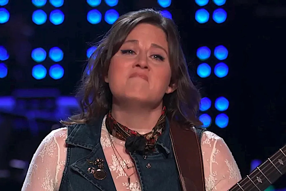Alexa Wildish becomes emotional after she and her 'Voice' Knockout Rounds opponents, Julia Roome and Lennon VanderDoes, perform. (NBC)