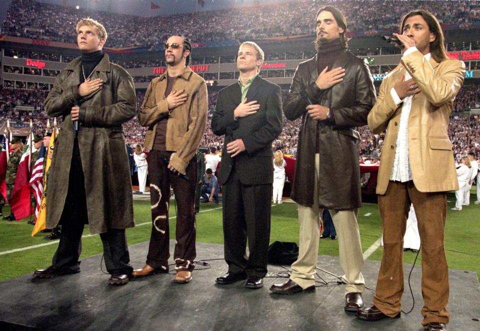 The Backstreet Boys peform the National Anthem before the Super Bowl XXXV Game between the New York Giants and Baltimore Ravens at the Raymond James Stadium in Tampa, Florida on Jan. 28, 2001.&nbsp;