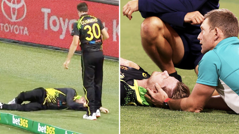 Steve Smith, pictured here after landing on his head in the second T20 against Sri Lanka.