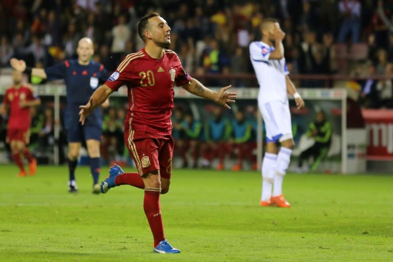 Spain's Santi Cazorla celebrates after scoring a goal during their Euro 2016 qualifying match against Luxembourg, at Las Gaunas stadium in Logrono, on October 9, 2015