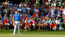 CHARLOTTE, NC - MAY 06: Nick Watney of the United States reacts to his putt on the 15th green during the final round of the Wells Fargo Championship at the Quail Hollow Club on May 6, 2012 in Charlotte, North Carolina. (Photo by Mike Ehrmann/Getty Images)