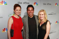 NBCUNIVERSAL EVENTS -- The Office Wrap Party -- Pictured: (l-r) Ellie Kemper, Oscar Nunez and Angela Kinsey?at "The Office" wrap party at Unici Casa in Los Angeles, CA on Saturday, March 16. -- (Photo by: Trae Patton/NBCU Photo Bank/NBCUniversal via Getty Images via Getty Images)