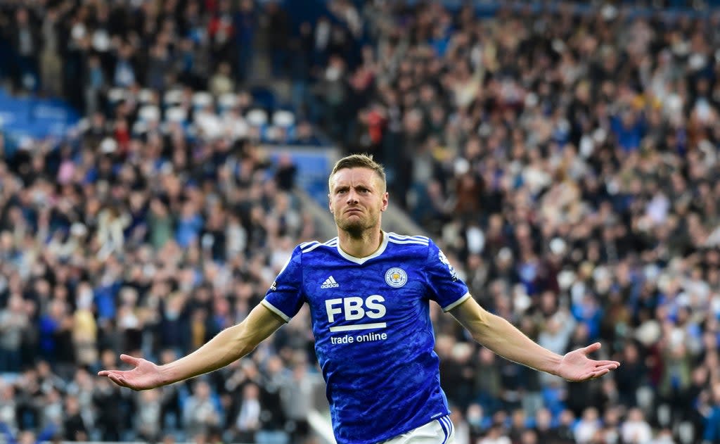 Jamie Vardy celebrates scoring the Foxes’ third goal (Reuters)