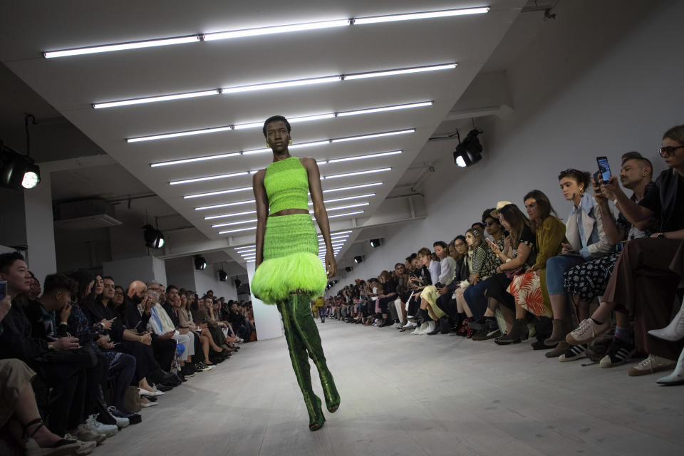 A model wears a creation by Mark Fast at the Spring/Summer 2020 fashion week runway show in London, Friday, Sept. 13, 2019. (Photo by Vianney Le Caer/Invision/AP)