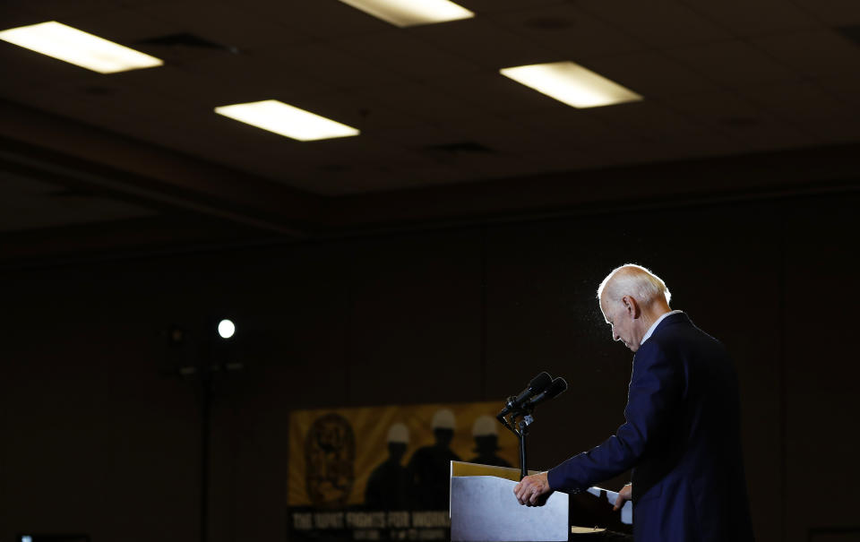 Former Vice President and Democratic presidential candidate Joe Biden pauses while speaking at a rally with members of a painters and construction union, Tuesday, May 7, 2019, in Henderson, Nev. (AP Photo/John Locher)