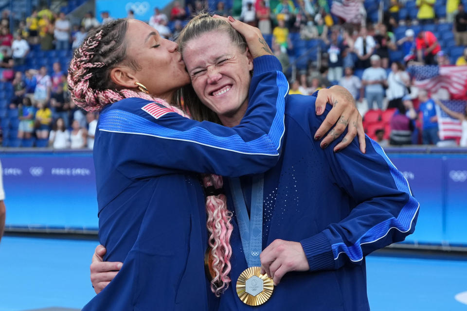 Team USA's Trinity Rodman kisses Alyssa Naeher on the forehead during the gold medal ceremony after the women's final during the 2024 Paris Olympic Games on Saturday. (Brad Smith/ISI/Getty Images)