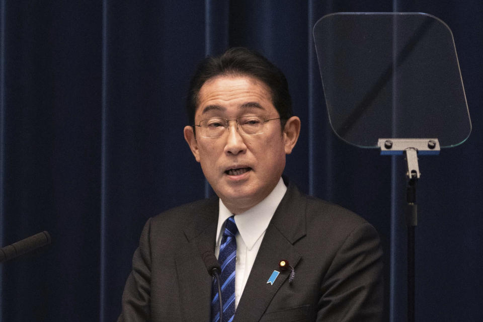 Japanese Prime Minister Fumio Kishida speaks during his press conference in Tokyo Friday, Feb. 24, 2023. Kishida said Friday he plans to present to other Group of Seven countries a set of "new ideas" for sanctions against Russia over its war on Ukraine when he hosts an online G-7 summit to mark the one-year anniversary of the start of the invasion. (Stanislav Kogiku/Pool Photo via AP)